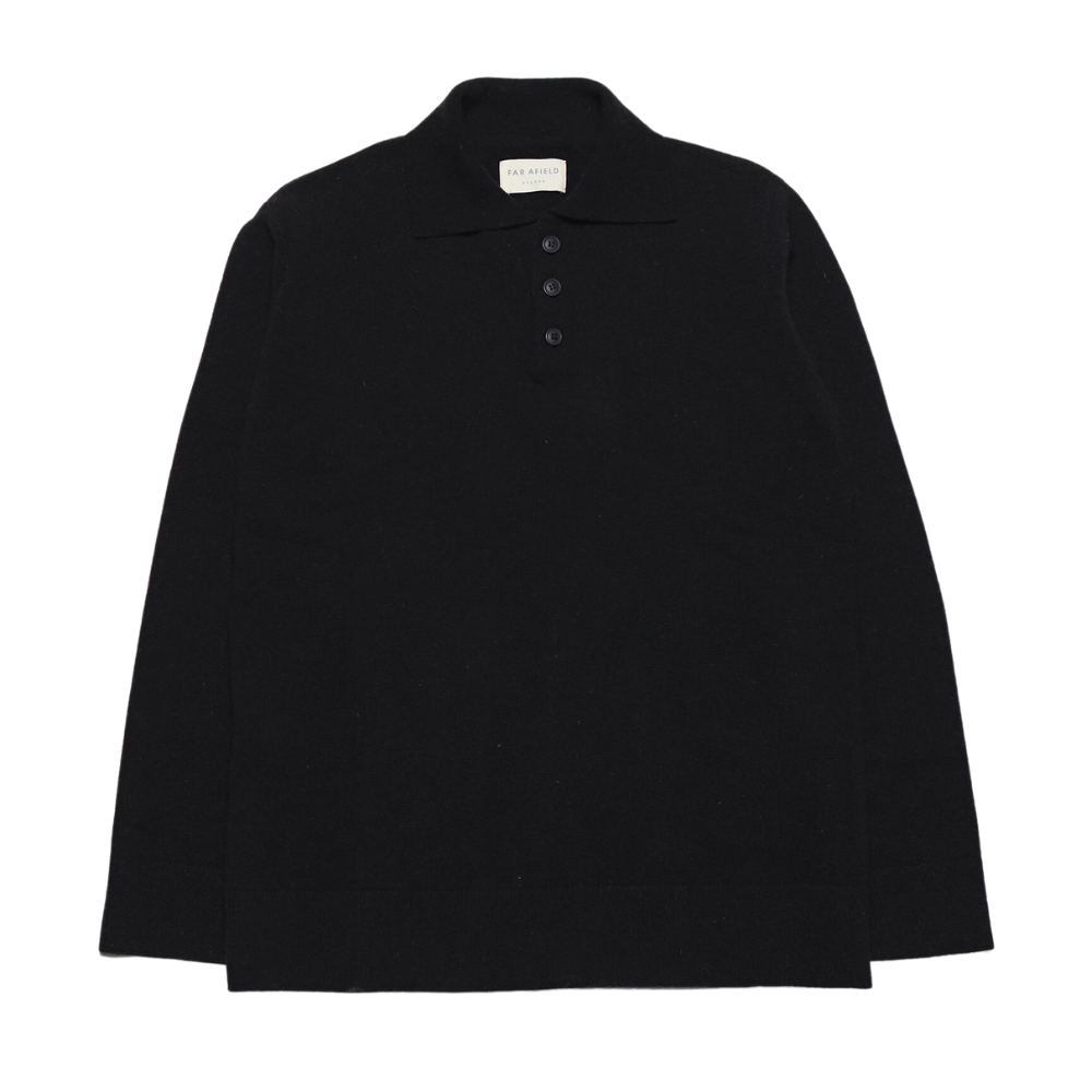 Far Afield Kier Knitted Polo in Black Lambswool Blend