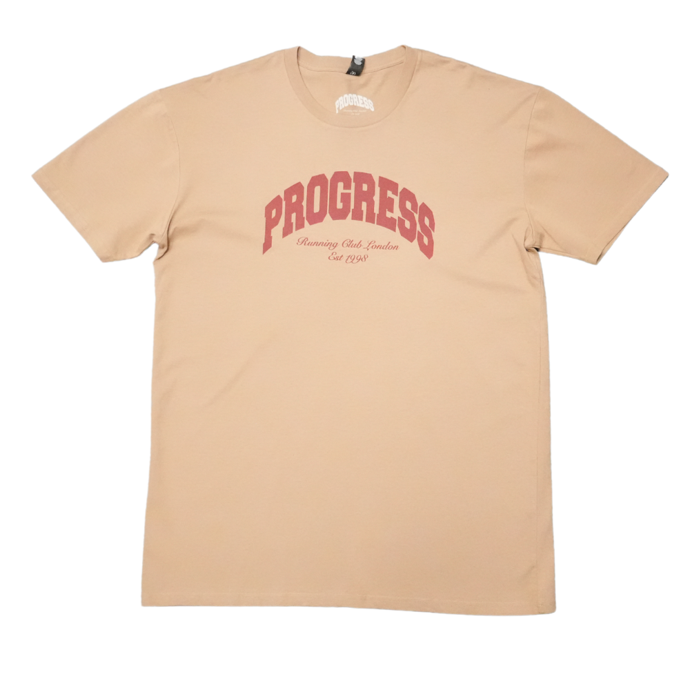 Progress Running Club Varsity Arc Logo S/S T-Shirt - Tan / Burgundy