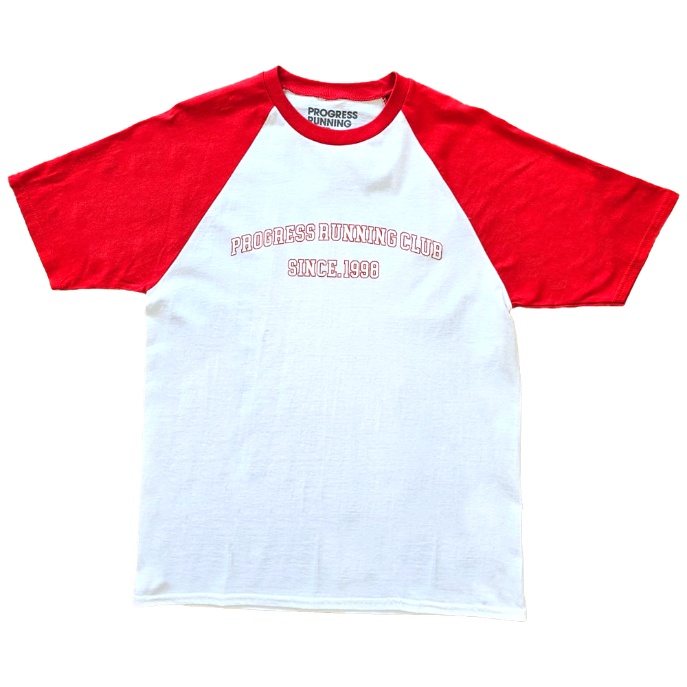 Progress Running Club Arc Varsity Tee Shirt In Red And White
